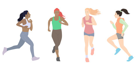 Collection women performing jog activities. Bundle of happy training or exercising people isolated on white background. Vector illustration in flat cartoon style.
