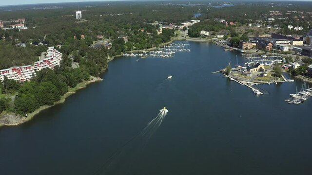 Aerial view of summer in the archipelago community Gustavsberg outside Stockholm. 20-07-28. High quality 4k footage