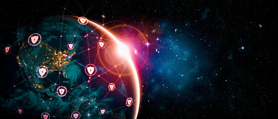 Cyber security technology and online data protection in innovative perception . Concept of technology for security of data storage used by global business network server to secure cyber information .