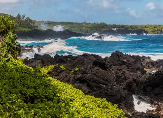 Fotobehang Waves Crash Against Rugged Lava Coastline on Pailoa Bay, Waianapanapa State Park, Maui, Hawaii, USA © Billy McDonald
