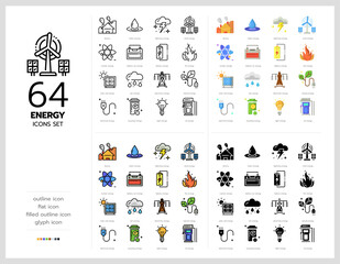 64 energy icons set vector design in filled, thin line, outline and flat style.