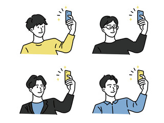 スマートフォンで自撮りをする男性のイラスト(スマホ、セルカ、セルフィー、写真、流行、マーケティング、若者、SNS) Young happy man taking selfie photo on smartphone. Male face portrait on cellphone screen. Smartphone, transmission, photography, fashion, 