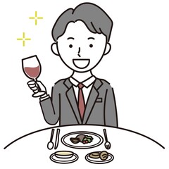 赤ワインで乾杯し食事をするスーツ姿の成人男性イラスト素材