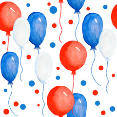 Watercolor seamless hand drawn pattern for US Independence day 4th fourth of July patriotic background print, balloons. Red blue white colors stripes stars design, celebration summer party.