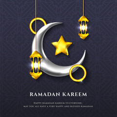 Ramadan kareem greeting card islamic pattern with Crescent moon and gold lantern and star