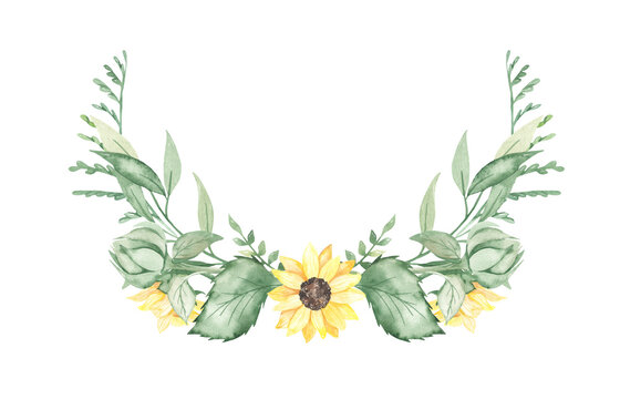 Watercolor wreath with sunflowers, leaves, foliage, greenery, buds