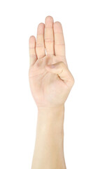 Man hands holding four fingers gestures and symbols isolated on white background with clipping path.
