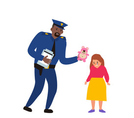 policeman officer helps to little crying girl give her a bear toy  vector illustration