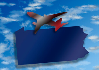Naklejka na ściany i meble illustration with the silhouette of an airplane and the map of the State of Pennsylvania on a background with sky and clouds
