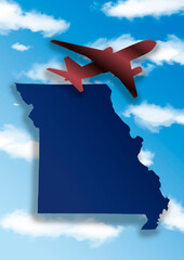 illustration with the silhouette of an airplane and the map of the State of Missouri on a background with sky and clouds