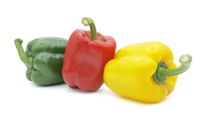 Fresh green, red and yellow sweet pepper or bell pepper, Spice seasoning, Ingredients for spicy food, Isolated on white background, Cut out with clipping path