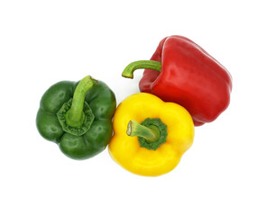 Fresh green, red and yellow sweet pepper or bell pepper, Spice seasoning, Ingredients for spicy food, Isolated on white background, Cut out with clipping path, Top view