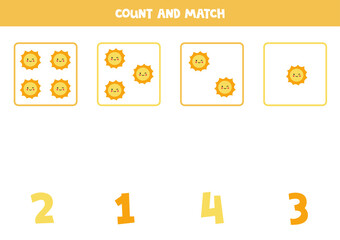 Counting game with kawaii suns. Math worksheet.