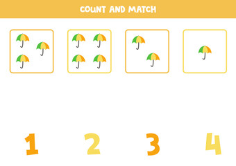 Counting game with cartoon umbrellas. Math worksheet.