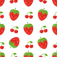 Seamless pattern with cute kawaii strawberries and cherries.