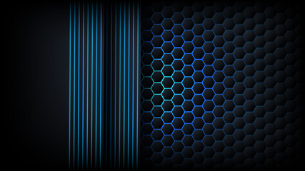 Abstract 3D modern luxury banner design template golden overlap layererd paper cut with neon blue hexagon pattern on dark blue background. Gaming background