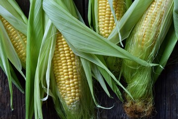 Fresh, colorful corn on a close-up on a wooden table.