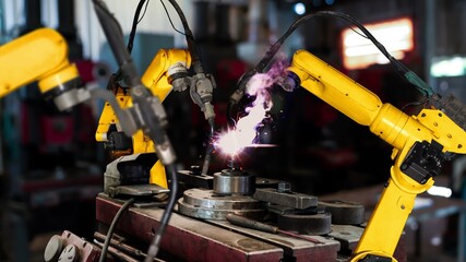 Smart industry robot arms modernization for digital factory technology . Concept of automation...