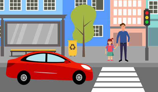 Single father with children waiting for crossing the road at crosswalk with traffic light vector illustration. Road, car, city street, daddy and daughter and traffic light in flat design.