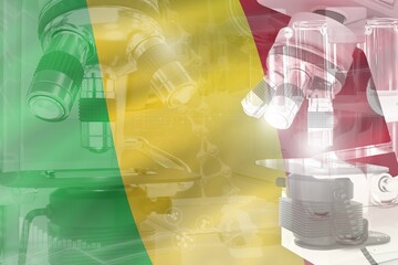 Microscope on Mali flag - science development conceptual background. Research in biotechnology or chemistry, 3D illustration of object