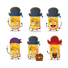 Cartoon character of orange soda can with various pirates emoticons