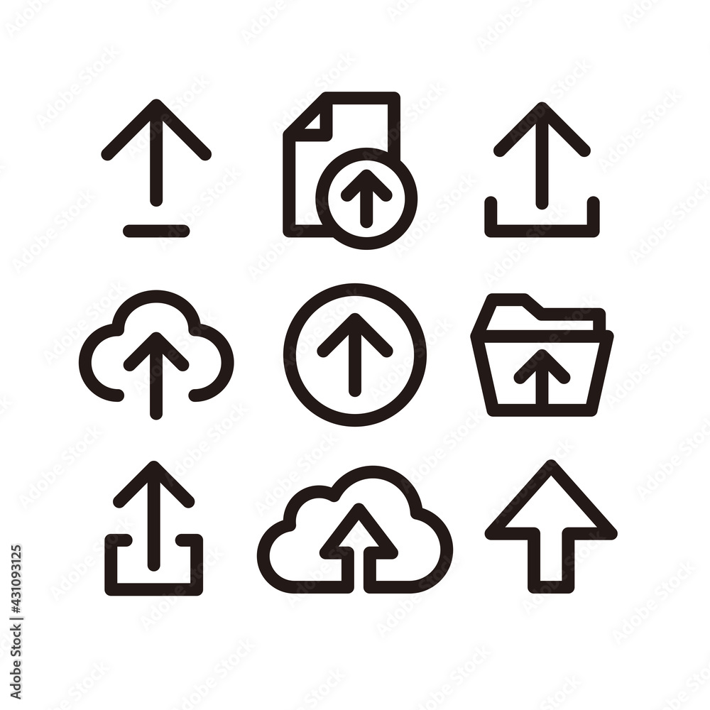 Poster set of simple flat upload icon illustration design, silhouette upload symbol collection with outline