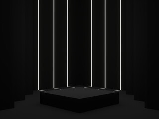 3D rendered black geometric product stand. Dark corner background with white neon light