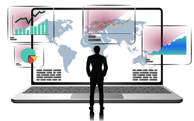 Businessman standing front the big laptop, watching the  financial chart. Creative vector illustration concept.