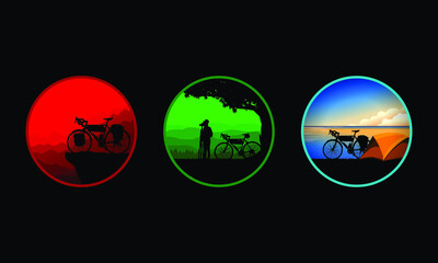 Set of bicycle camping icon. Vacations outdoors with bicycles. Vector illustration