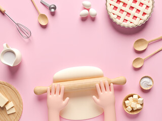 Ingredients for cooking dough or bread. Wooden rolling pin and kneading dough. Concept design for baking, pizza, cookie, biscuit, bread. Pink background. View from above. 3d render