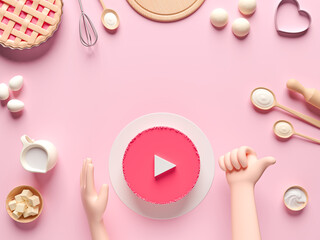 Ingredients for cooking dough or bread. Play button icon on a red cake. Concept design for baking, pizza, cookie, biscuit, bread. Pink background. View from above. 3d render