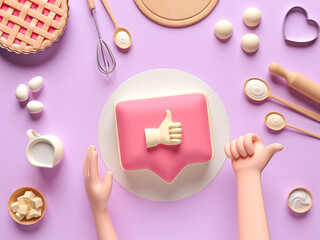 Ingredients for cooking dough or bread. Like icon on a pink pin cake. Concept design for baking, pizza, cookie, biscuit, bread. Pink background. View from above. 3d render