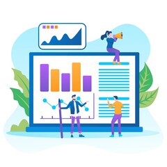 Financial administration concept. Consulting for company performance, analysis concept. Statistics and business statement. Flat isometric infographics for banner or business hero images