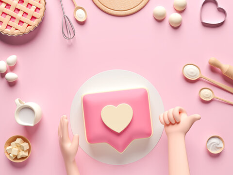 Ingredients for cooking dough or bread. Like heart icon on a pink pin cake. Concept design for baking, pizza, cookie, biscuit, bread. Pink background. View from above. 3d render