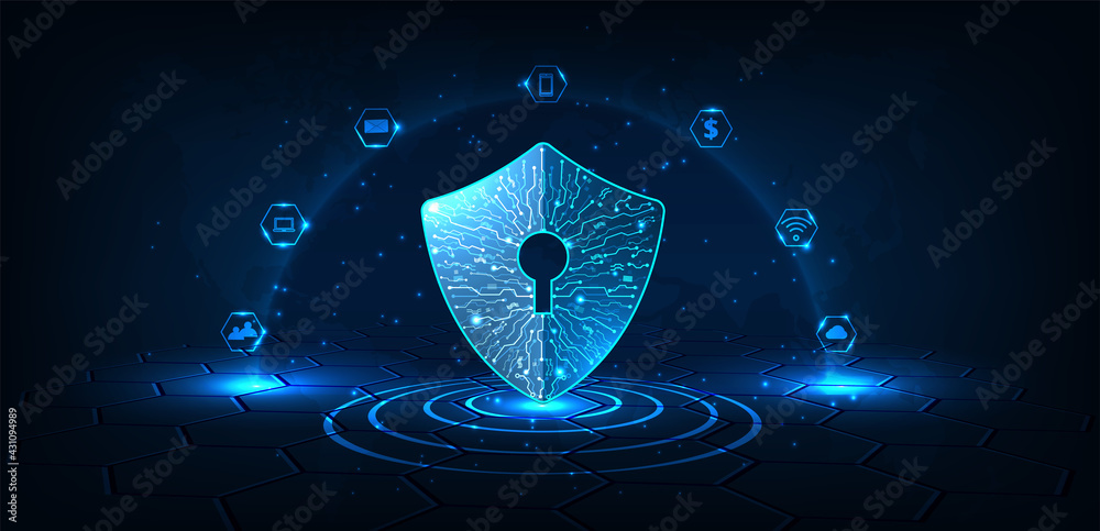 Poster Digital Data Protection Concept.Security shield icon digital display over on dark blue background.Technology for online data access defense against hacker and virus.Internet security concept.