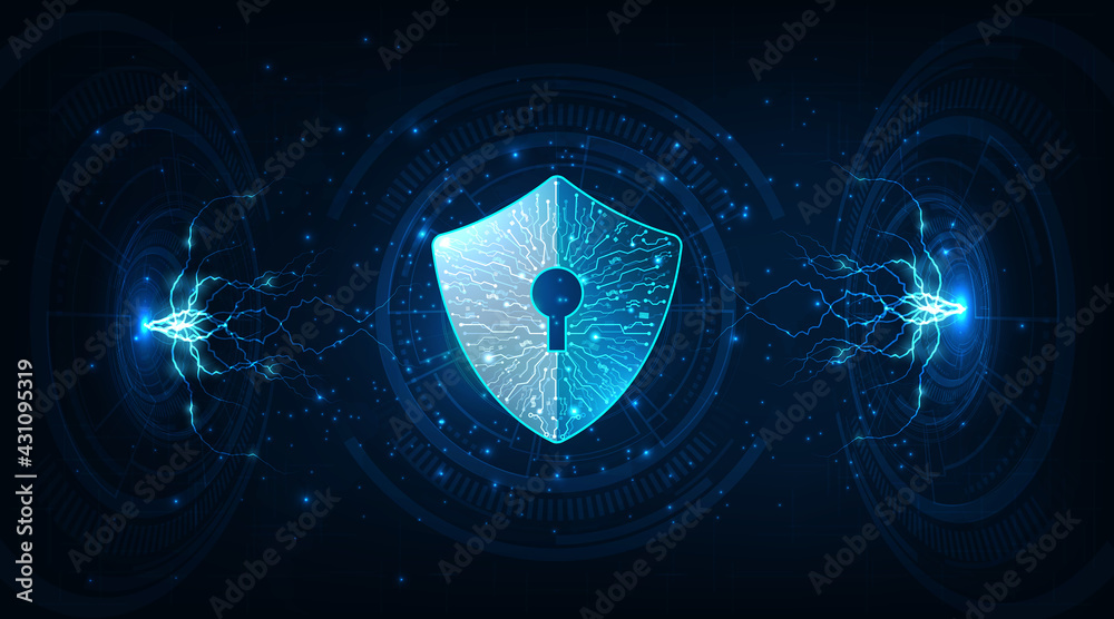 Poster protection from virus attack.security shield icon digital display over on dark blue background.data 