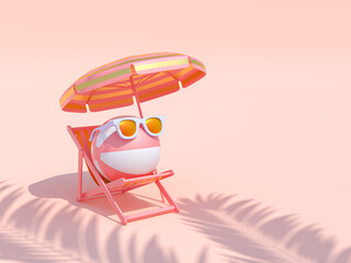 Beach ball wearing sunglasses on Luxury chairs and umbrella on pastel pink background. Summer with love. Minimal abstract wallpaper concept. Velvet season. Flat lay. 3d render
