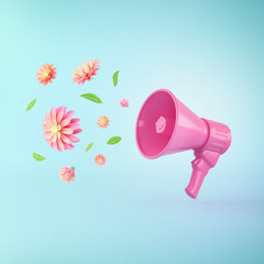 Pink megaphone with colorful summer flowers and green leaves against pastel blue background. Advertisement idea. Minimal nature concept. 3d render