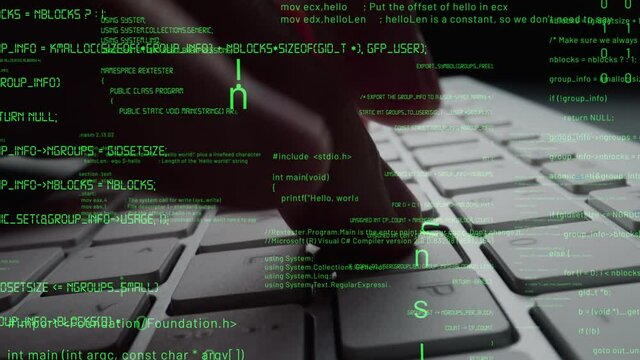 Creative visual of computer programming coding and software development shown by man working on computer keyboard with overlay of computer graphic displaying abstract program codes and computer script