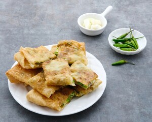 Martabak, Martabak Telor or Martabak Telur. Savory pan-fried pastry stuffed with egg, meat and spices. Martabak Telur is one of Indonesia street food. Served on white plate on grey background.