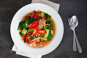 Stir-fried vegetables with bacon and pork Homemade Thai food