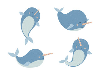 Set Cute adorable narwhal, baby animals with horn smiling in cartoon style isolated on white background. Collection cheerful aquatic character stock vector illustration.