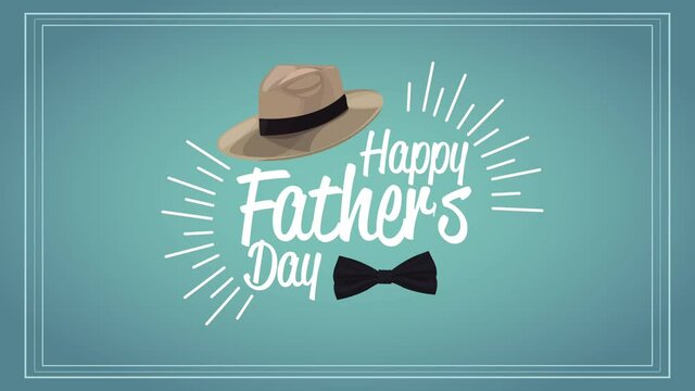 happy fathers day lettering card with elegant hat and bowtie