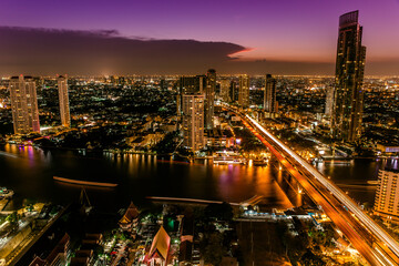 View cityscape of business downtown district at night, bangkok, thailand