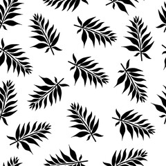 Beautiful seamless vector pattern with plant leaves. Abstract print with branches and leaves on a white background. Stylish botanical ornament for textiles and packaging. Hand drawn black doodle