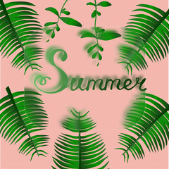 Fototapeta na wymiar jungle leaves , frosted glass effect, lettering summer, pink background, green branches, hand-drawn illustration, summer banner, leaflet, billboard, printed products
