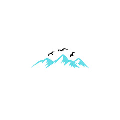 elegant blue mountain with flying birds logo would be perfect 
for a travel agency, a nature photographer or any art and design 
related services.