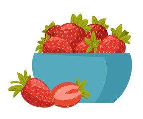 Bowl with fresh sweet strawberries isolated on white background.  Fresh, organic berries. Healthy and beneficial product. Gardening or horticulture concept. Vector illustration.