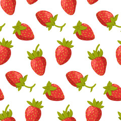 Seamless pattern with fresh strawberries. Healthy and beneficial product. Horticulture concept. Design for print, packaging, wallpaper, textil. Flat vector illustration isolated on white background.
