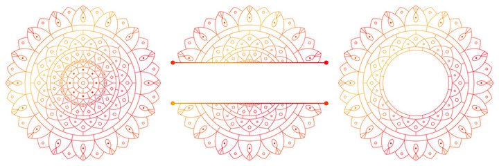 Set of flower mandalas. Split pattern in form of mandala for Henna Mehndi or tattoo decoration. Decorative ornament in ethnic oriental style, vector illustration.